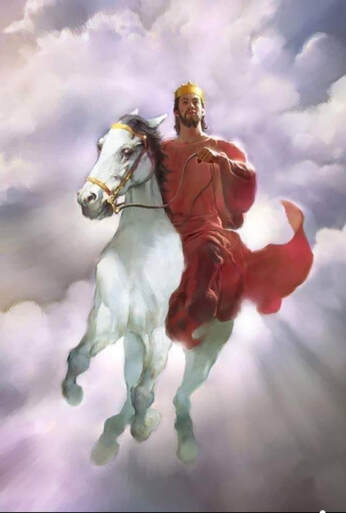 Jesus on a white horse in the sky, surrounded by clouds, wearing a gold crown on His head.